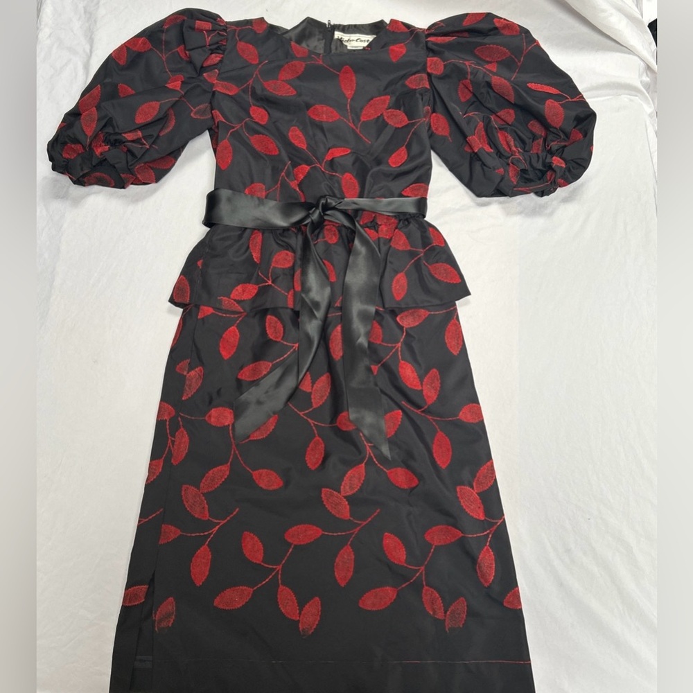 Vintage Victor Costa Black Satin Dress with Embroidered Red Leaves Size 6